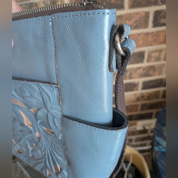Patricia Nash Tooled Leather Crossbody – Dusty Blue Floral w/ Metallic - Picture 13 of 16